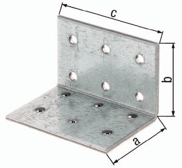 Metallisches Winkelprofil mit Löchern, mit beschrifteten Abmessungen 'a', 'b' und 'c'. Wird zum Verbinden von Teilen in einem 90-Grad-Winkel verwendet.