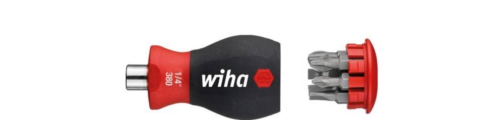 Wiha 14-teiliger Schraubendreher-Bitsatz mit schwarz-rotem Griff und rotem Bithalter, nebeneinander auf weißem Hintergrund dargestellt.
