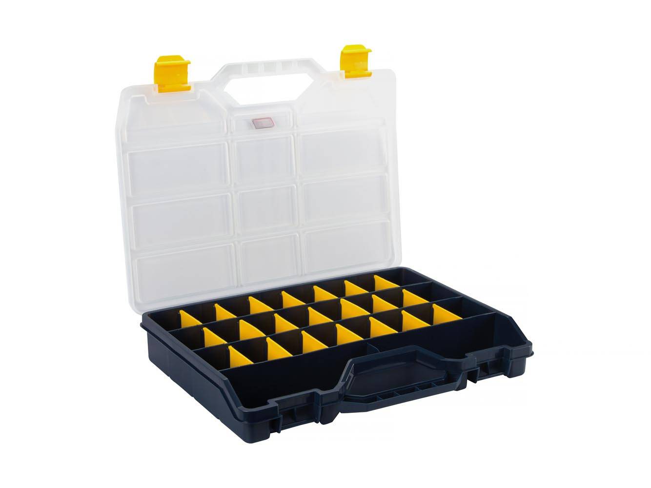 Tayg Sortimentskasten, max. 24 Fächer, 21 Trennwände, transparenter Deckel, stapelbar, 460 x 350 x 81 mm, Schwarz/Gelb