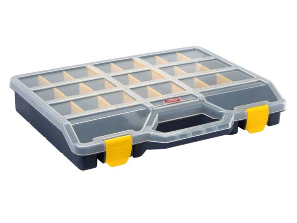 Tayg Sortimentskasten, max. 24 Fächer, 21 Trennwände, transparenter Deckel, stapelbar, 460 x 350 x 81 mm, Schwarz/Gelb