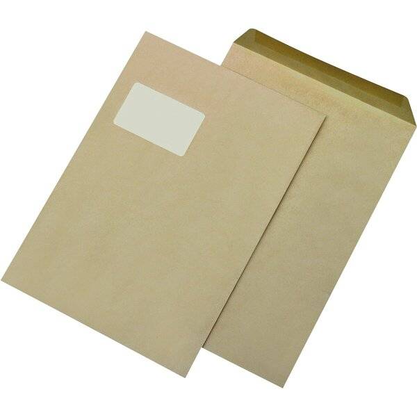 Versandtaschen Recycling - C4 mit Fenster gummiert 90 g/qm braun 250 Stück.
