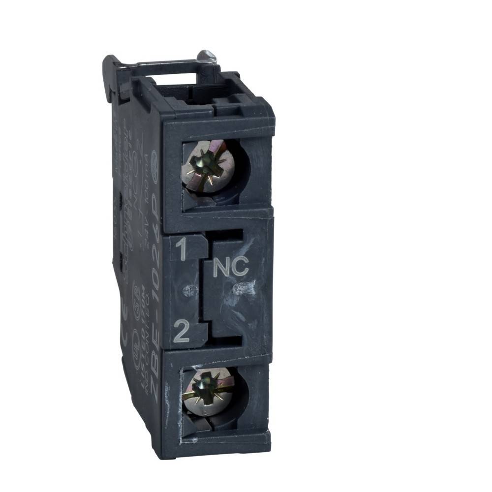 Eine schwarze, rechteckige elektrische Schaltkomponente mit zwei Schraubanschlüssen, die mit '1' und '2' beschriftet sind, und 'NC', was einen normalerweise geschlossenen Kontakt anzeigt.