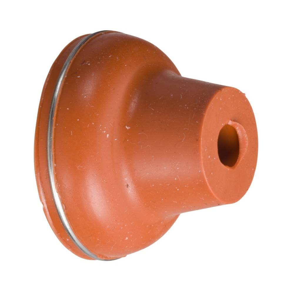 Ein großer, runder, orangefarbener Gummisaugnapf mit einem hohlen Zentrum und einem metallischen Rand an einer Seite, der zum Greifen glatter Oberflächen konzipiert ist.