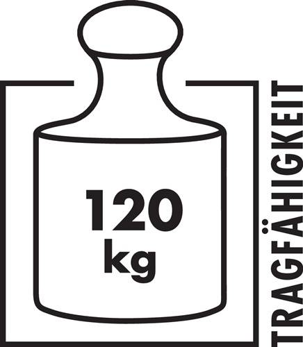Symbol einer Waage mit der Aufschrift '120 kg', der eine maximale Tragfähigkeit von 120 Kilogramm anzeigt.