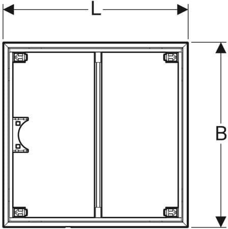 Diagramm, das die Abmessungen einer quadratischen Lüftungsklappe zeigt, mit 'L' für Breite und 'B' für Höhe, mit einem zentralen Scharnier.