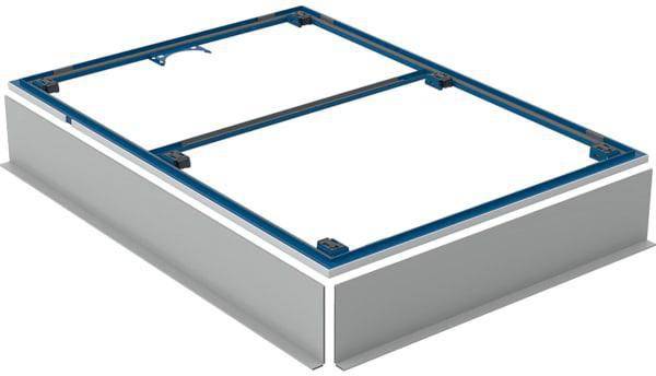 Ein minimalistischer, blau-weißer rechteckiger Rahmen sitzt auf einer quadratischen Basis und ist möglicherweise Teil einer strukturellen oder mechanischen Anordnung.