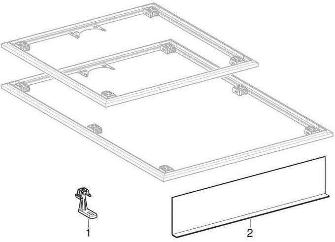 Diagramm zur Montage einer Schubladenkomponente. Nummerierte Teile umfassen eine Führungsschienenbefestigung mit der Bezeichnung '1' und eine Schubladenfront mit der Bezeichnung '2'.