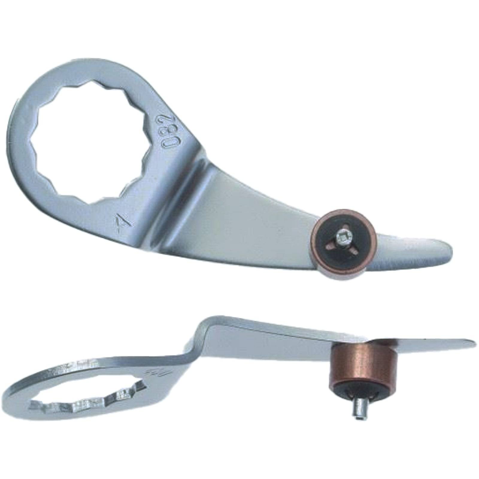 Keilrippenriemen-Spannrolle, mit zwei Ansichten eines metallischen Autoparts mit hexagonaler Lochanordnung, Schraube und Rolle.