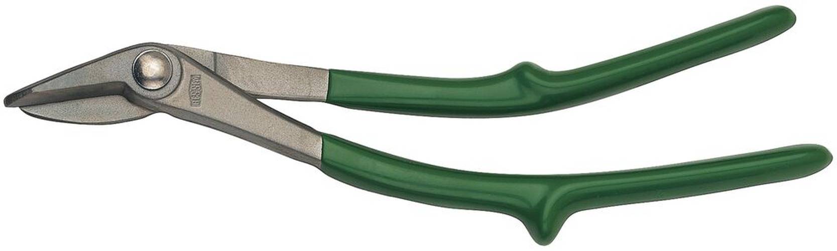 Blechschere mit grünem Griff, in Seitenansicht dargestellt, ein Schneidewerkzeug für Bleche.