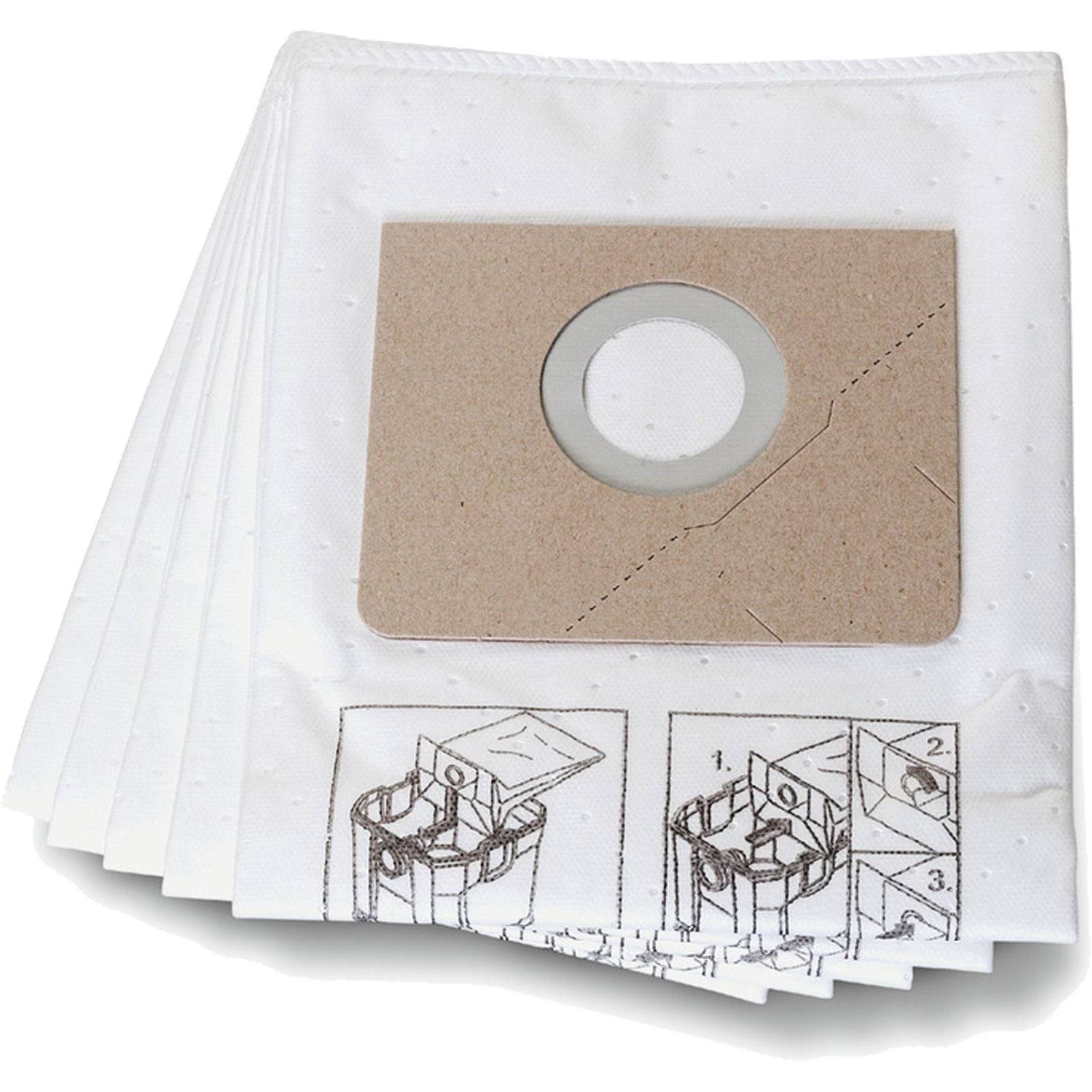 Eine Reihe von Staubsaugerbeuteln mit illustrierten Anweisungen zur Einlegung in das Gerät.