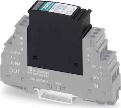 Ein digitales Relaisgerät mit Anschlussports, die als IN und OUT gekennzeichnet sind, mit einer rechteckigen Komponente oben, auf der technische Spezifikationen angezeigt werden.