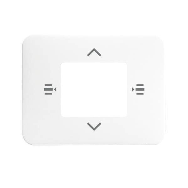 Ein weißes rechteckiges Bedienfeld mit Pfeilen in vier Richtungen um ein zentrales Quadrat, das wahrscheinlich Navigations- oder Auswahlfunktionen anzeigt.