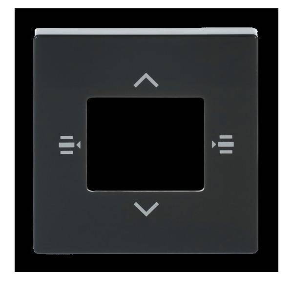 Ein schwarzes rechteckiges Touchpanel mit Pfeilen nach oben und unten sowie Linien beidseitig eines Quadrats, die wahrscheinlich Steuerungsfunktionen anzeigen.