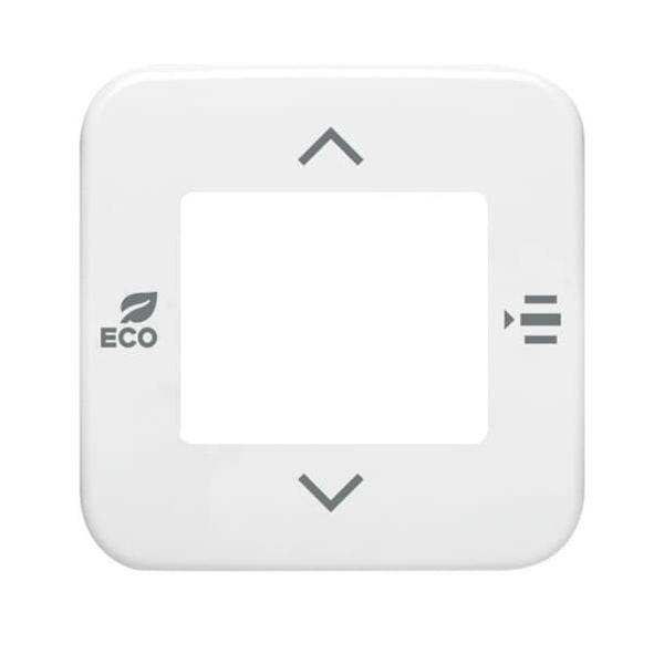 Thermostat mit quadratischem Design, ausgestattet mit Pfeiltasten nach oben und unten, einer 'ECO'-Beschriftung links und zwei Zeilen mit einem Pfeil rechts.