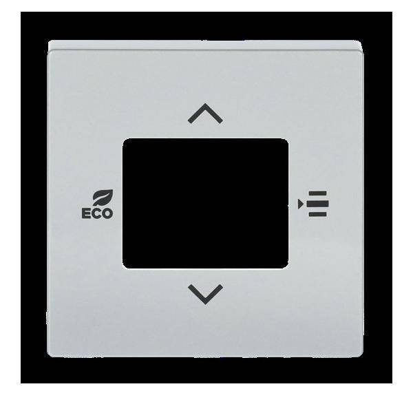 Eine quadratische graue Thermostatverkleidung mit Pfeilen, die nach oben und unten zeigen, einem ‚ECO' Blatt-Symbol und einer Menütaste auf der rechten Seite.