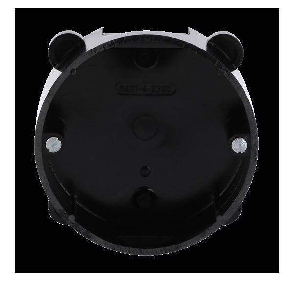 Eine runde, schwarze Kunststoff-Wandhalterung mit drei sichtbaren Befestigungslöchern für eine sichere Montage.