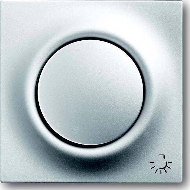 Ein runder Dimmerschalter mit einem Helligkeitssymbol in der unteren rechten Ecke.