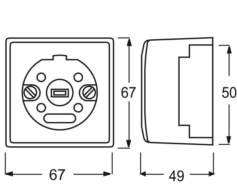 Eine technische Zeichnung einer rechteckigen elektrischen Komponente mit Front- und Seitenansicht, mit Abmessungen von 67 mm Breite und 49 mm Tiefe.