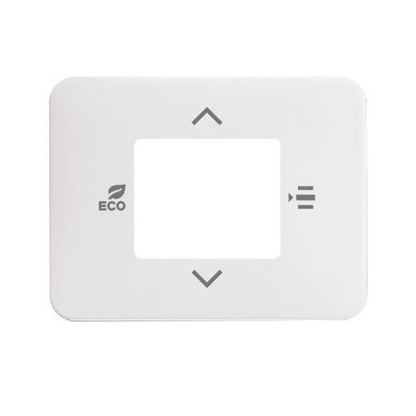 Eine weiße Thermostat-Schnittstelle mit einer zentralen Anzeige, dem Symbol 'ECO' auf der linken Seite und Pfeiltasten sowie einer Menütaste auf einer schlanken, minimalistischen Oberfläche.