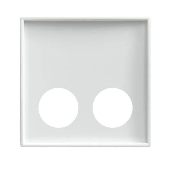 Ein weißes quadratisches Tablett mit zwei kreisrunden Ausschnitten.