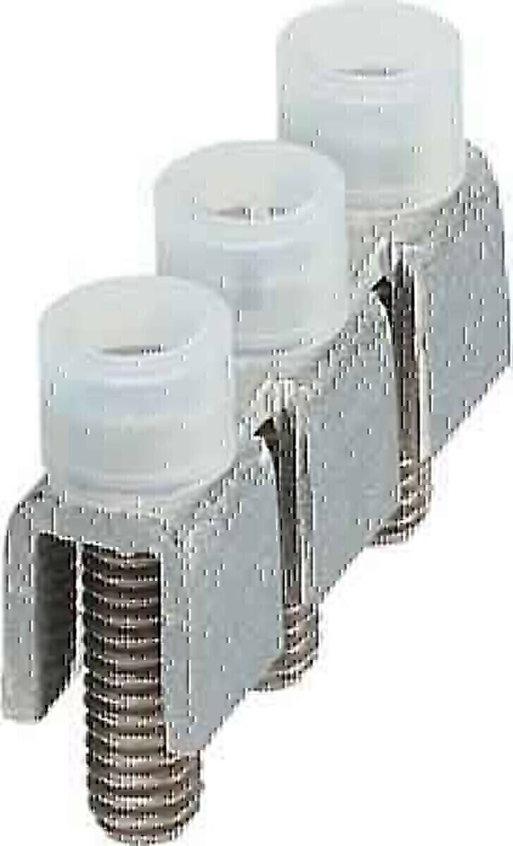 Ein Nahaufnahmebild eines silbernen metallfarbenen Klemmblocks mit zylindrischen Anschlüssen, der für elektrische Verdrahtungsverbindungen verwendet wird.