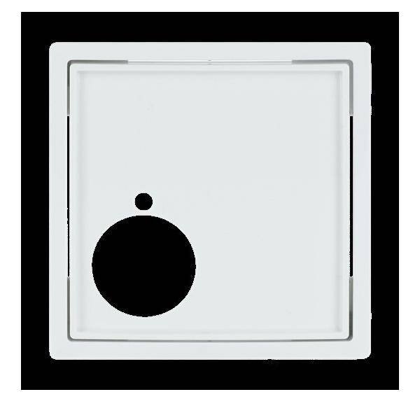 Ein weißes Quadrat mit einem größeren schwarzen Kreis und einem kleineren schwarzen Punkt im Inneren, vor einem durchgehend schwarzen Hintergrund.