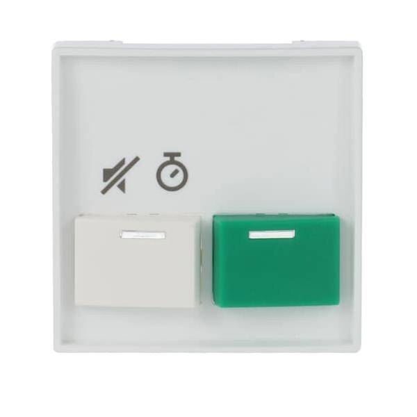 Ein Schaltpanel mit zwei Tasten: Ein Symbol eines stummgeschalteten Lautsprechers über einer weißen Taste und ein Uhrensymbol über einer grünen Taste.
