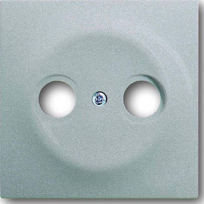 Eine quadratische Metallplatte mit zwei kreisrunden Ausschnitten und einer zentrierten Schraube, die einem minimalistischen Gesicht ähnelt.