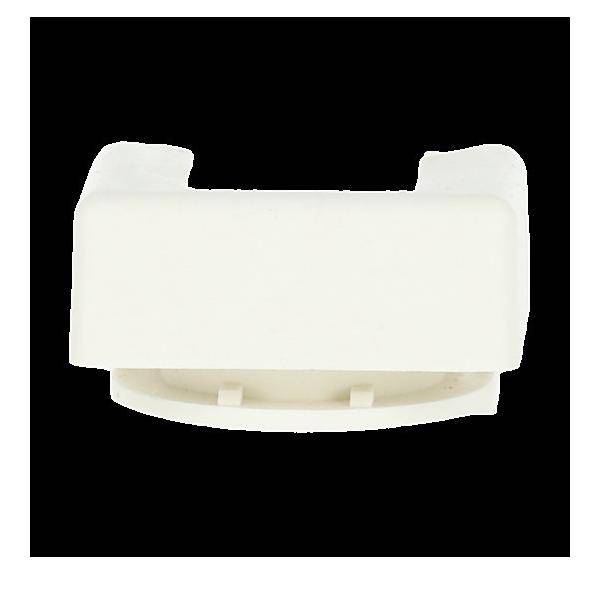 Ein weißer Plastikclip mit einer gebogenen Basis, der zum Befestigen von Objekten verwendet wird, vor einem einfarbigen schwarzen Hintergrund.