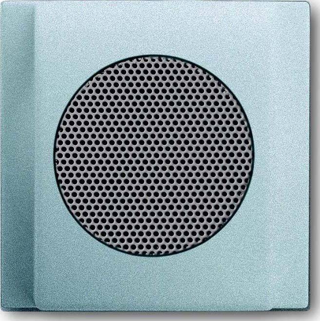 Eine quadratische Metallschutzgitter mit einem perforierten kreisförmigen Zentrum, eingebettet in einen hellblauen Rahmen.