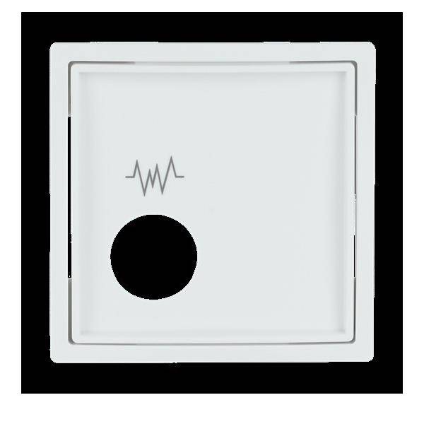 Ein weißes Kartenlesegerät mit einem schwarzen Kreis und einem wellenförmigen Symbol, das drahtlose Konnektivität oder eine Kartenscan-Funktion anzeigt.