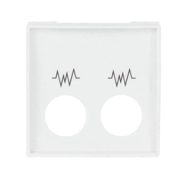 Ein weißer quadratischer Rahmen mit zwei kreisförmigen Ausschnitten unterhalb von zwei schwarzen Zickzack-Linien, die Schallwellen ähneln.