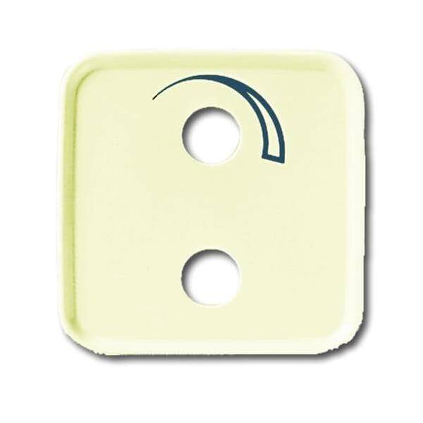 Hellbeige Einzelschalter-Abdeckplatte mit zwei kreisrunden Öffnungen und einer dunkelblauen geschwungenen Linie nahe der oberen Öffnung.