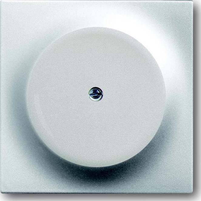 Runder Lichtschalter, zentriert auf einer quadratischen Metallplatte, mit einem kleinen kreisförmigen Knopf in der Mitte.