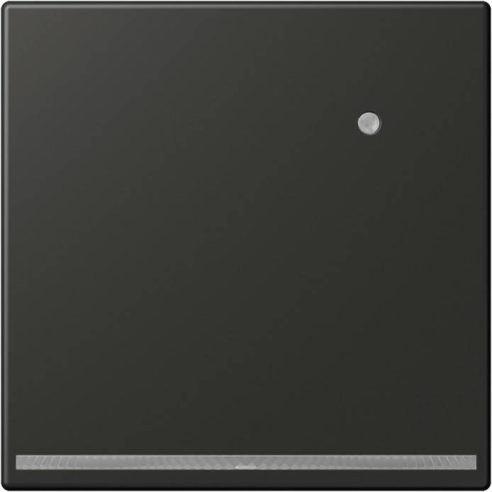 Ein schwarzes quadratisches Panel mit einem kleinen kreisförmigen Knopf in der oberen rechten Ecke und einem schmalen horizontalen Streifen am unteren Rand.