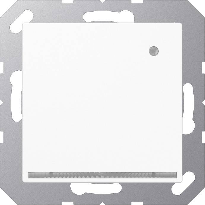 Ein weißer quadratischer Lichtschalter mit einem kleinen runden Sensor in der oberen rechten Ecke, montiert auf einer metallischen Abdeckplatte.
