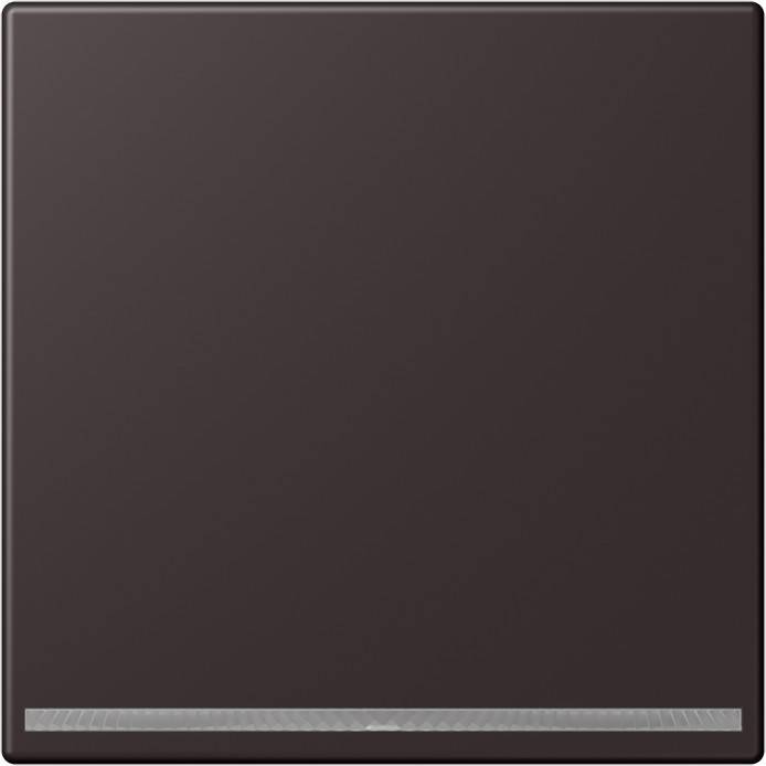 Ein quadratischer, dunkelbrauner Lichtschalter mit einer dezenten horizontalen Linie nahe dem unteren Rand, der vor einem passenden dunkelbraunen Hintergrund platziert ist.
