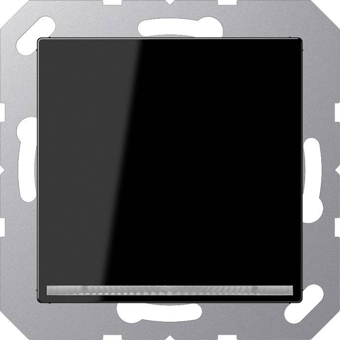 Ein schwarzer Lichtschalter mit reflektierender Oberfläche, montiert auf einem Metallrahmen mit ausgeschnittenen Details.