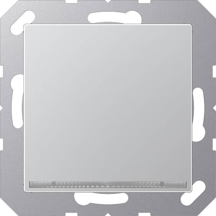 Ein hellgrauer Wandschalter mit matter Oberfläche, der auf einem silbernen Metallrahmen mit abgerundeten Eckenausschnitten montiert ist. Geeignet für den Innenbereich.