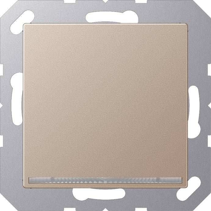 Ein quadratischer metallischer Lichtschalter mit minimalistischem Design, der einen kleinen rechteckigen LED-Indikator am unteren Rand aufweist.