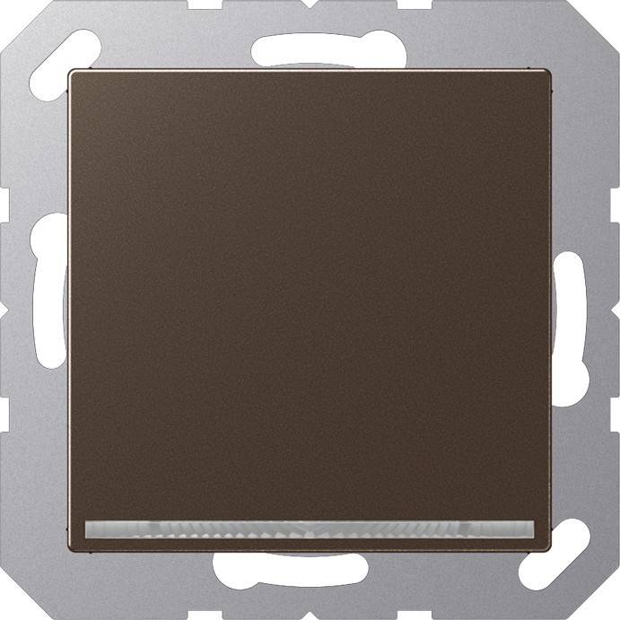 Ein quadratischer, dunkelbrauner elektrischer Schalter mit silbernem Metallrahmen, der einen kleinen horizontalen Lichtindikator nahe der unteren Kante aufweist.