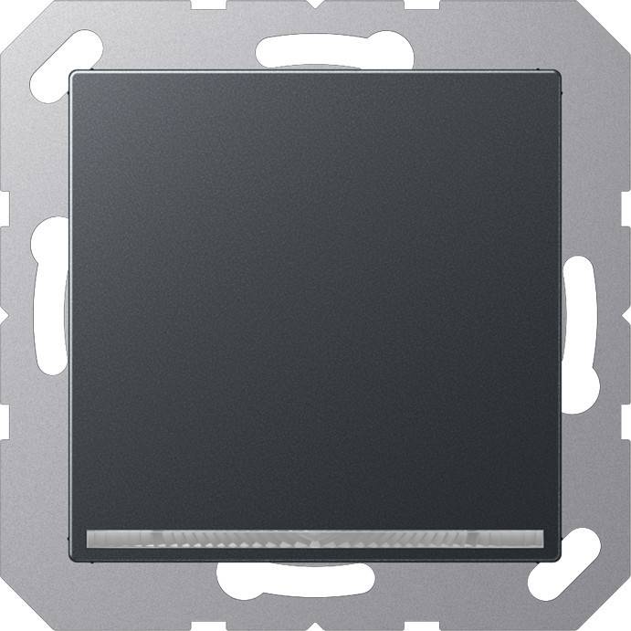 Ein grauer Lichtschalter mit einem metallischen Rahmen, der eine kleine horizontale Lichtleiste am unteren Rand zur Statusindikatierung aufweist.