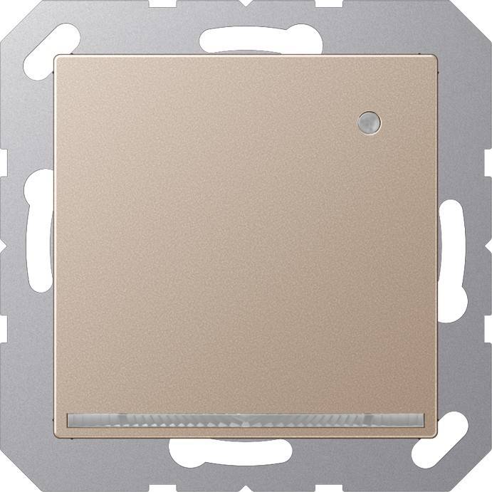 „Ein beiger Lichtschalter mit einem kleinen runden Knopf in der oberen rechten Ecke und einem horizontalen Lichtindikator am unteren Rand.