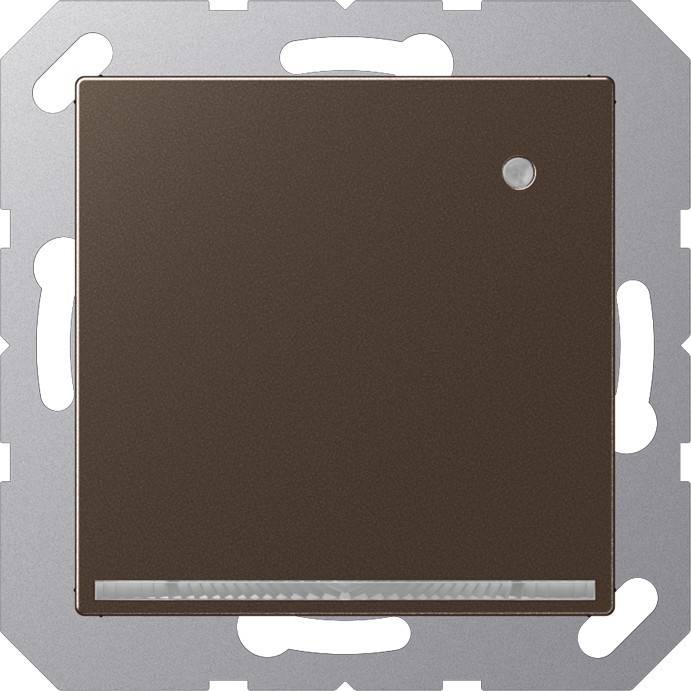 Eine quadratische, dunkelbraune Lichtschalterplatte mit einem kleinen kreisrunden Knopf in der oberen rechten Ecke und einem schmalen durchscheinenden Streifen am unteren Rand.