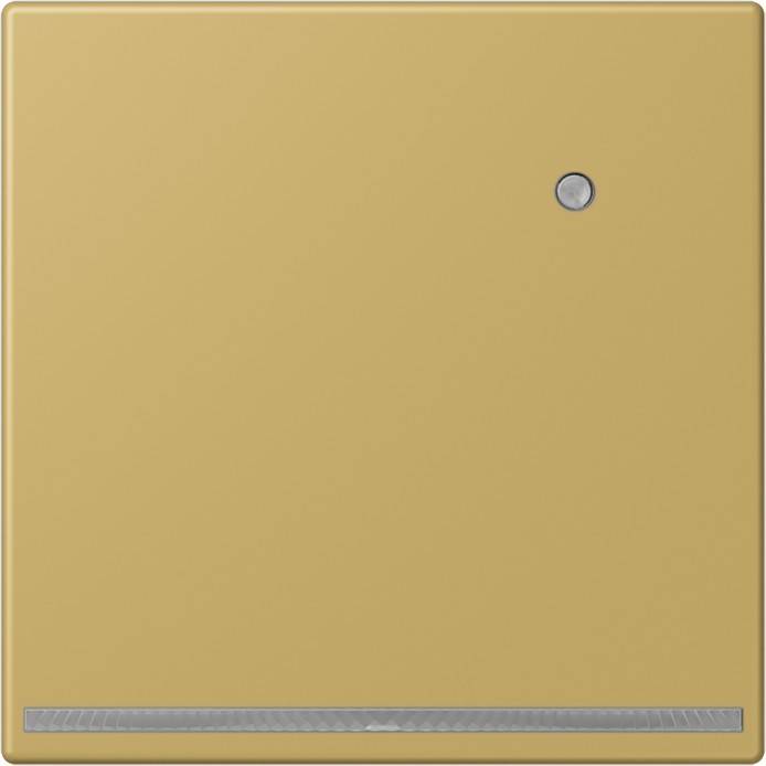 Ein goldfarbener quadratischer Wandschalter mit einem kleinen runden Knopf und einer horizontalen Linie am unteren Rand.
