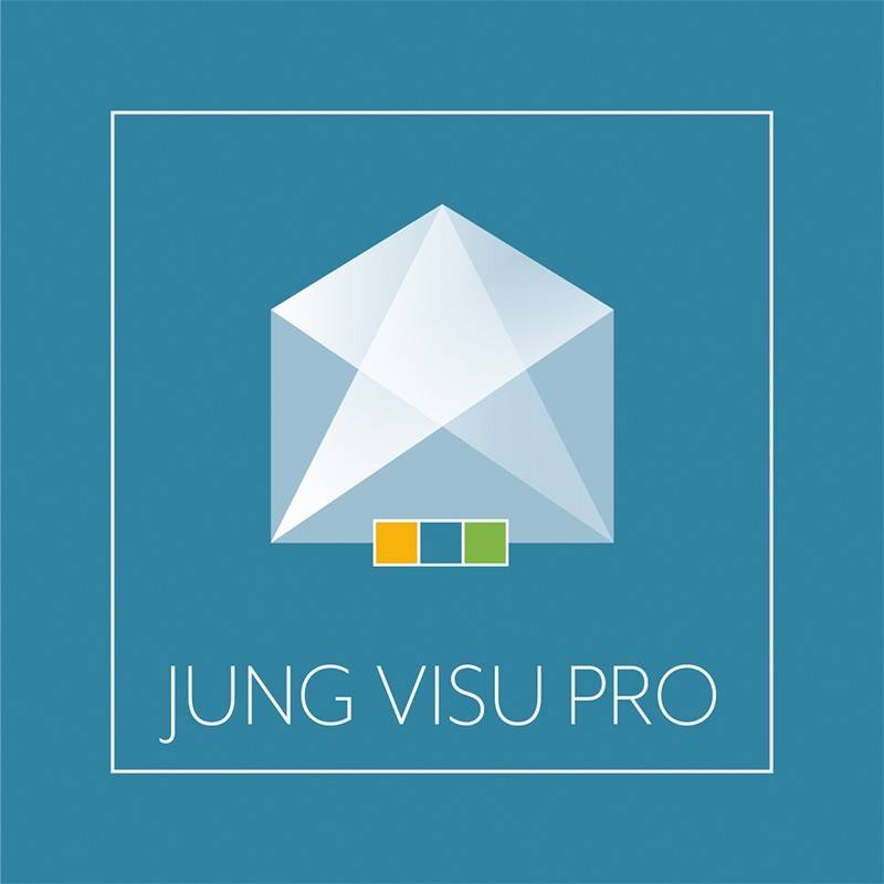 Ein Logo mit einem geometrischen, kristallartigen Design über dem Text ‚Jung Visu Pro' auf einem blauen Hintergrund mit kleinen farbigen Quadraten.