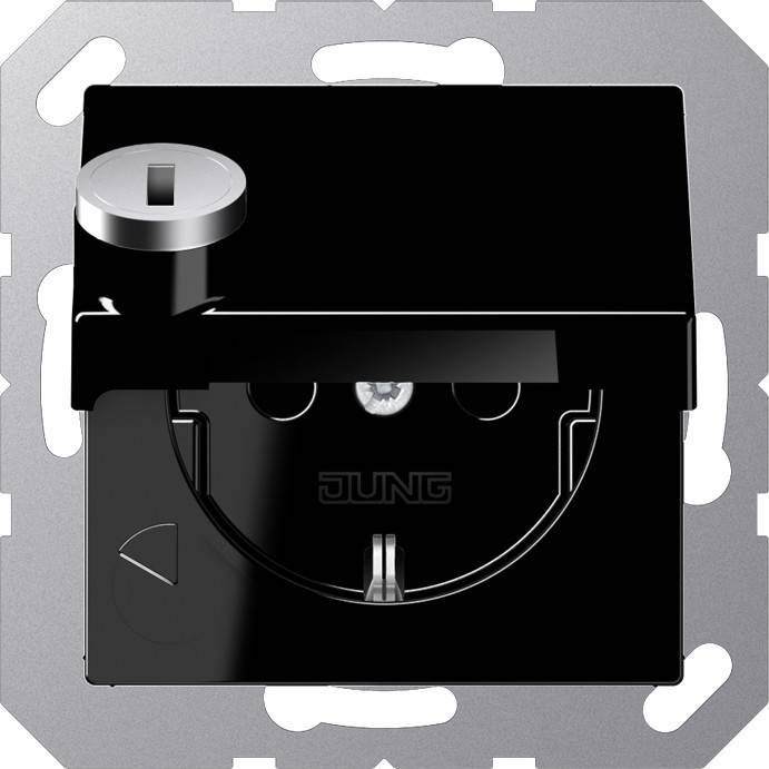 Eine schwarze Steckdose mit verschließbarer Abdeckung, die für Sicherheit konzipiert ist, auf einem metallischen Montagebügel.