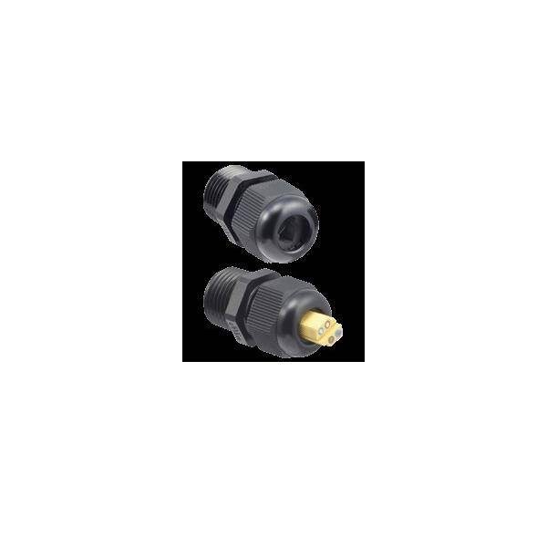 Zwei schwarze Verbinder mit gerillten Griffen, einer mit freiliegenden Goldkontakten und der andere mit einer vertieften Öffnung, senkrecht platziert.