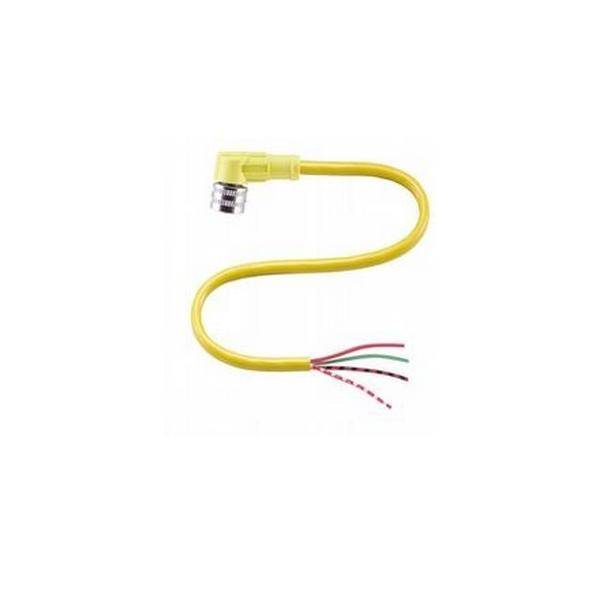 Ein gelbes Kabel mit einem Winkelstecker an einem Ende und vier unverisolierten Leitungen am anderen Ende, bestehend aus einem roten, weißen, grünen und braunen Draht.