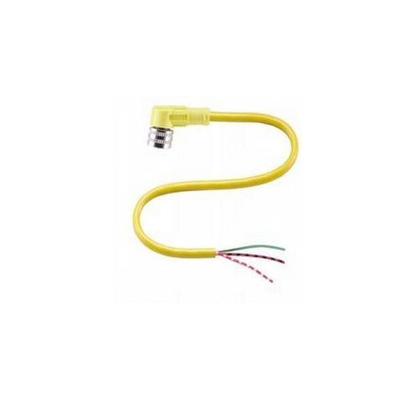 Ein gelbes Patchkabel mit einem gewinkelten RJ45-Stecker an einem Ende und drei freiliegenden Adern (grün, rot und gestreift) am anderen Ende.